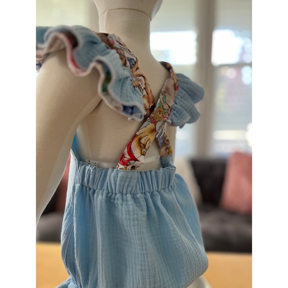 Baby Blue Baby Romper Linen Romper Toddler Bubble Romper with ruffles size 12mo - Picture 3 of 9